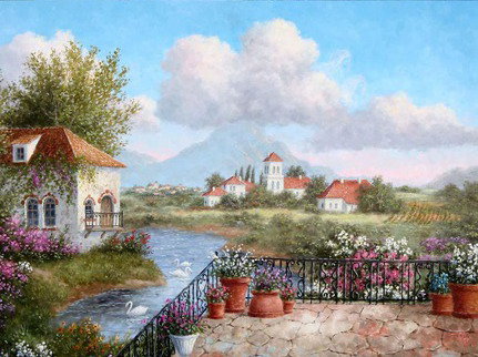 Домик у реки - лебеди, река, домик, пейзаж - оригинал