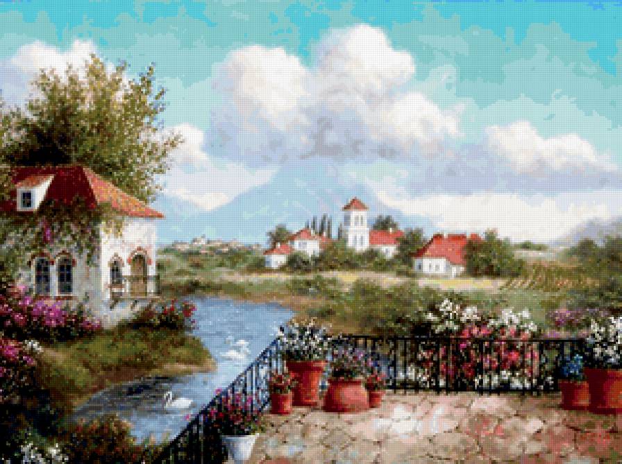 Домик у реки - пейзаж, лебеди, домик, река - предпросмотр