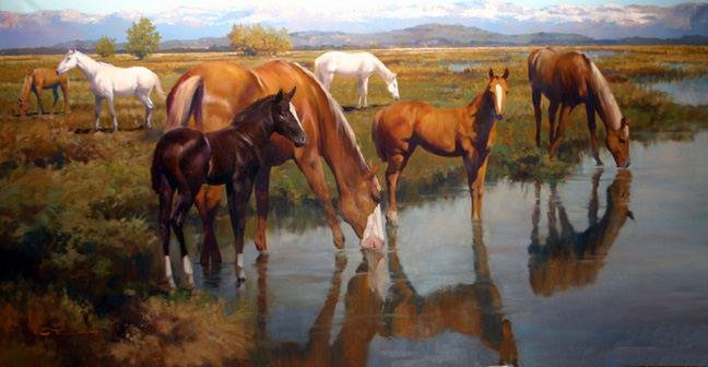 Лошади у реки - пейзаж, степь, река, лошади, природа - оригинал