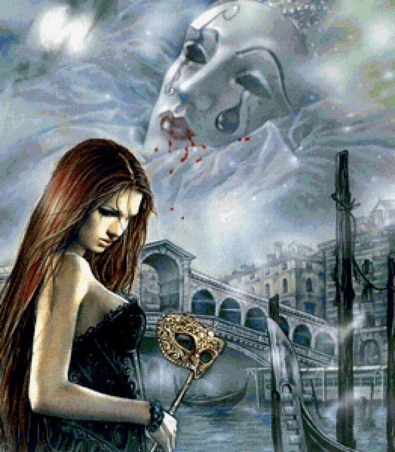 Плачущая маска - девушка, замок, маска, готика - предпросмотр