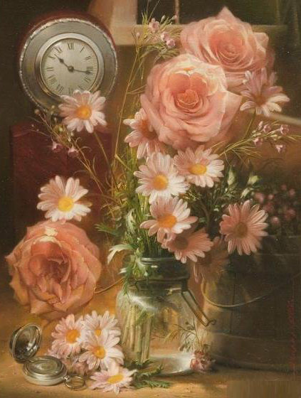 Букет и часы - часы, розы, букет, цветы, натюрморт - оригинал