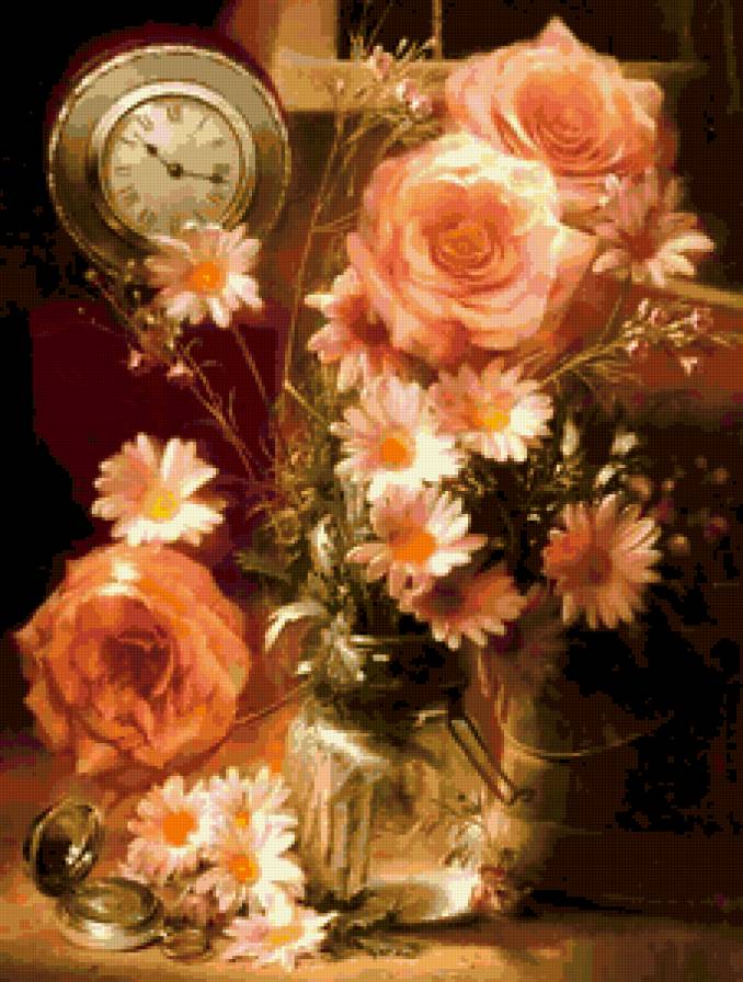 Букет и часы - цветы, букет, натюрморт, часы, розы - предпросмотр