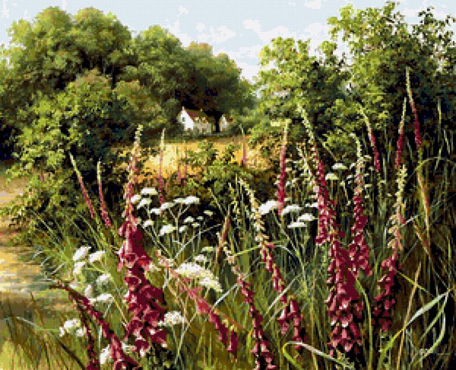 Серия "Полевые цветы" - домик, лето, поле, люпин, цветы, пейзаж - предпросмотр