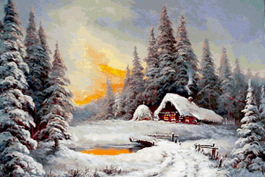 Домик на опушке - домик, зима, пейзаж, лес - предпросмотр