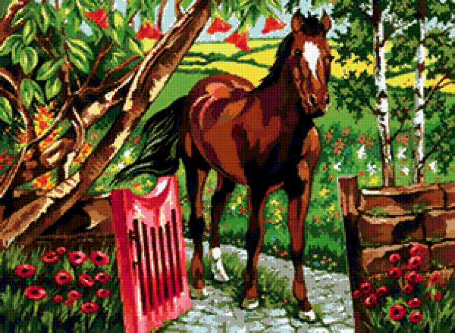 калитка домой - сад, калитка, лошадь - предпросмотр