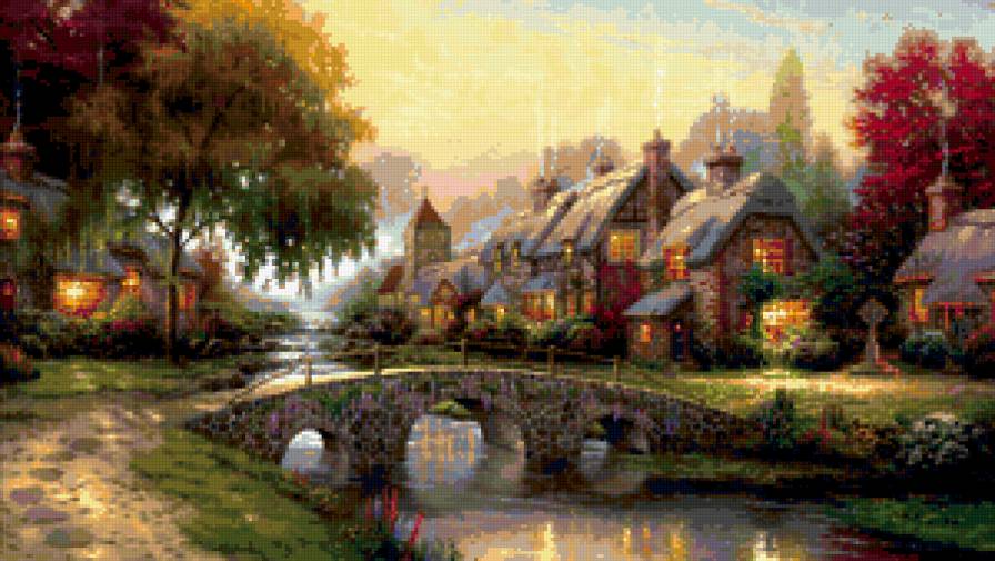 №399482 - дома, пейзаж, река, мост, деревья, цветы, живопись - предпросмотр