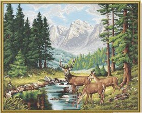 №399484 - река, природа, пейзаж, животные, горы, живопись, олени, деревья - оригинал