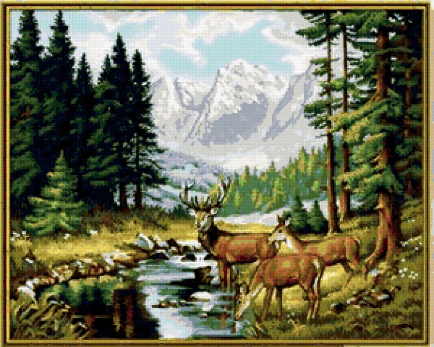 №399484 - олени, природа, животные, деревья, живопись, река, пейзаж, горы - предпросмотр