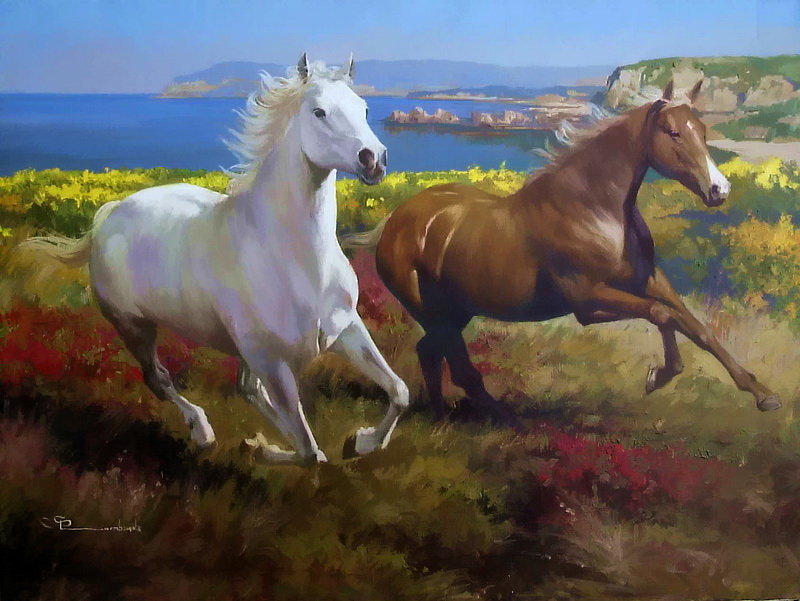 Автор Spartaco Lombardo - кони, животные, лошади, живопись - оригинал