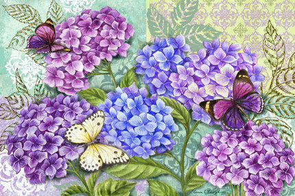 Гортензия и бабочки - цветы, гортензия, флора, цветы и бабочки, бабочки, панно - оригинал