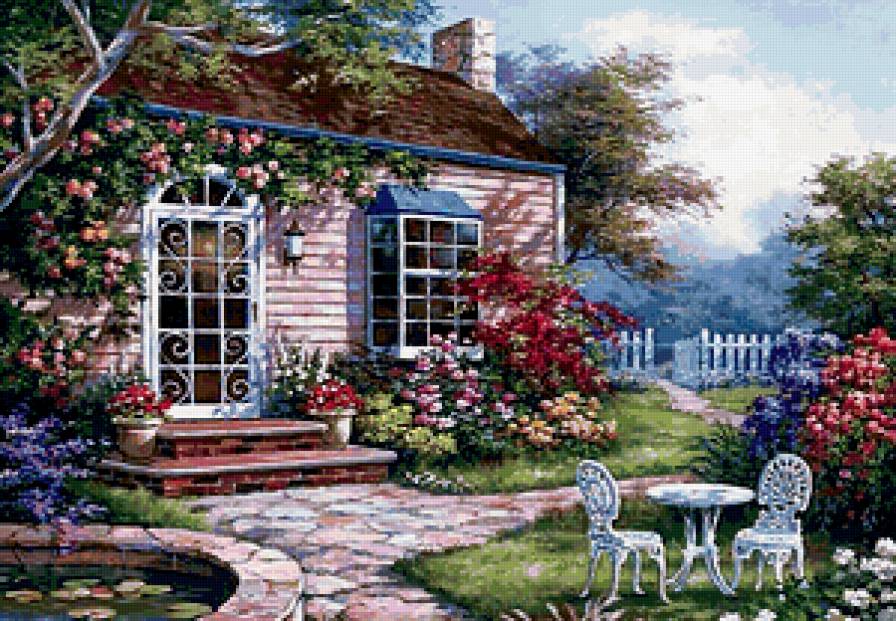 Уютный дворик - дом, картина, двор - предпросмотр