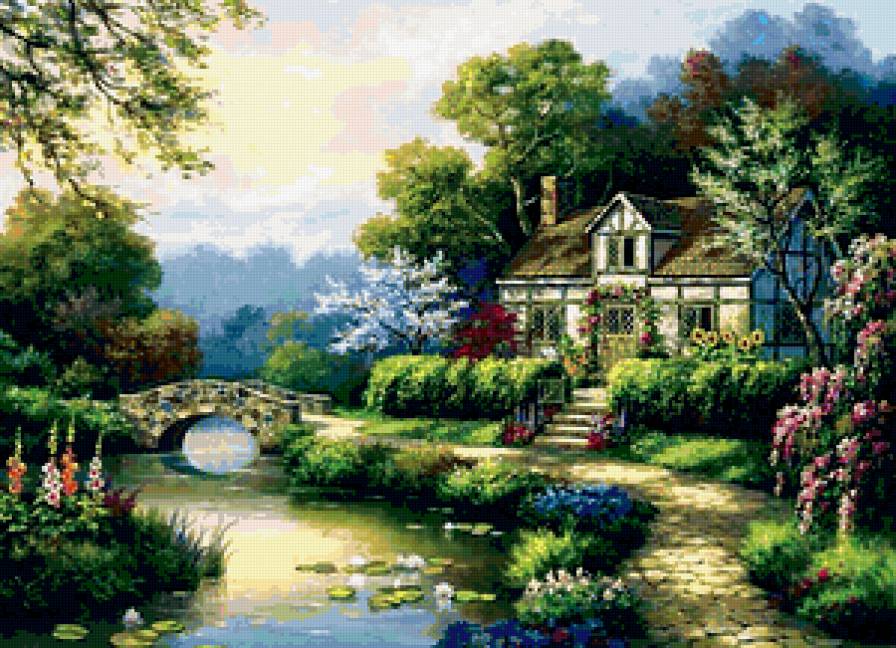 Дом у речки - пейзаж, речка, дом - предпросмотр