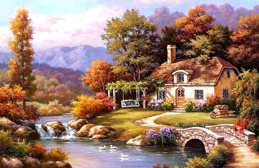 Дом у речки - речка, дом, пейзаж - оригинал