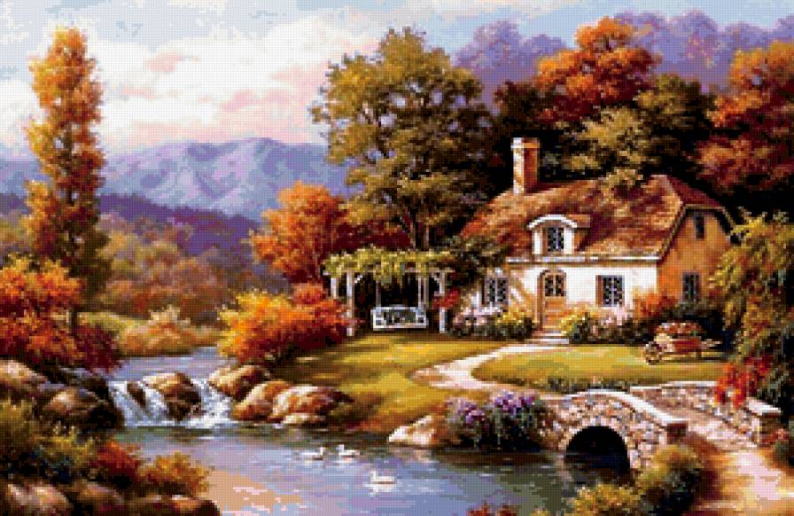 Дом у речки - пейзаж, речка, дом - предпросмотр