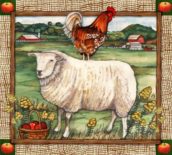 деревенские мотивы - домашние животные, петух, овечка, деревня - оригинал
