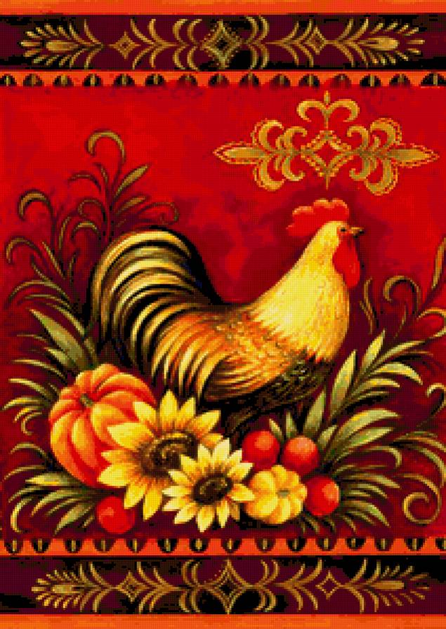 петушок-золотой гребешок - тыква, подсолнухи, урожай, петух - предпросмотр