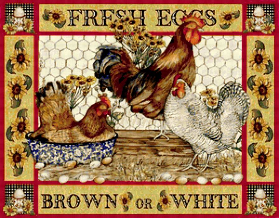 птичий двор - подсолнухи, куры, корзина, петух - предпросмотр