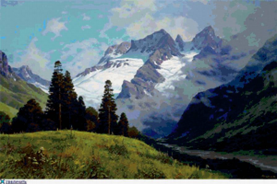 Снежные горы - горы, пейзаж, луг, снег, природа - предпросмотр