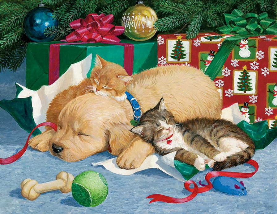 новогодняя - котенок, игрушки, щенок, лапушка, собака, кот, елка, живопись, милашка - оригинал