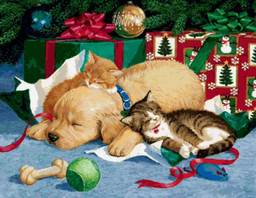 новогодняя - игрушки, котенок, собака, лапушка, живопись, кот, милашка, елка, щенок - предпросмотр