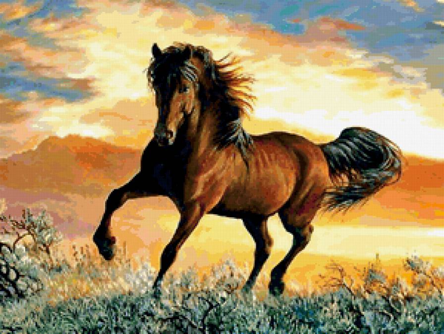 в прерии - животное, живопись, конь, картина, степь, лошадь - предпросмотр