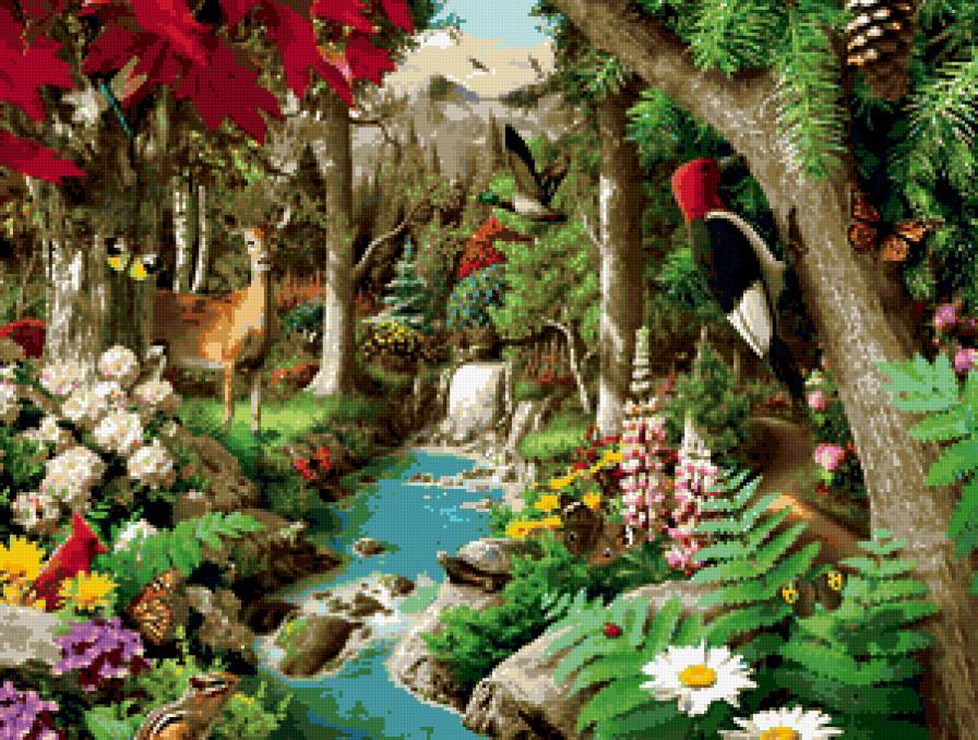 Down the Calming Stream - пейзаж, вода, цветы - предпросмотр