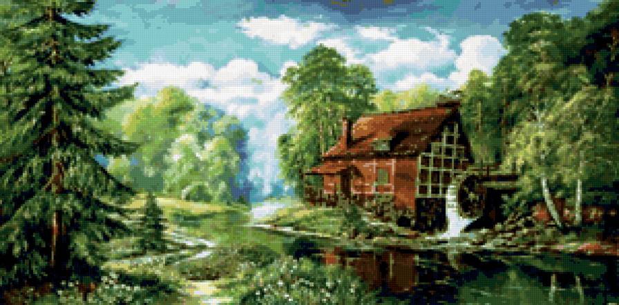домик в лесу - дом, река, лето, лес, мельница - предпросмотр