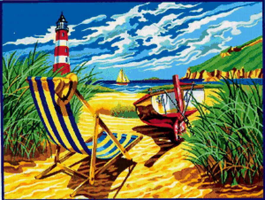 вид на море - лето, маяк, парусник, пляж, солнце, море - предпросмотр