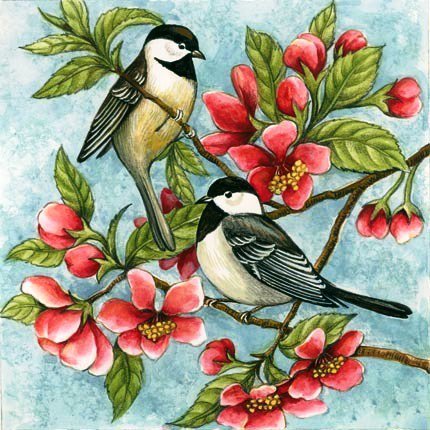 Райские птички - птицы, райские птички, птички, цветы, яблони, природа, весна - оригинал