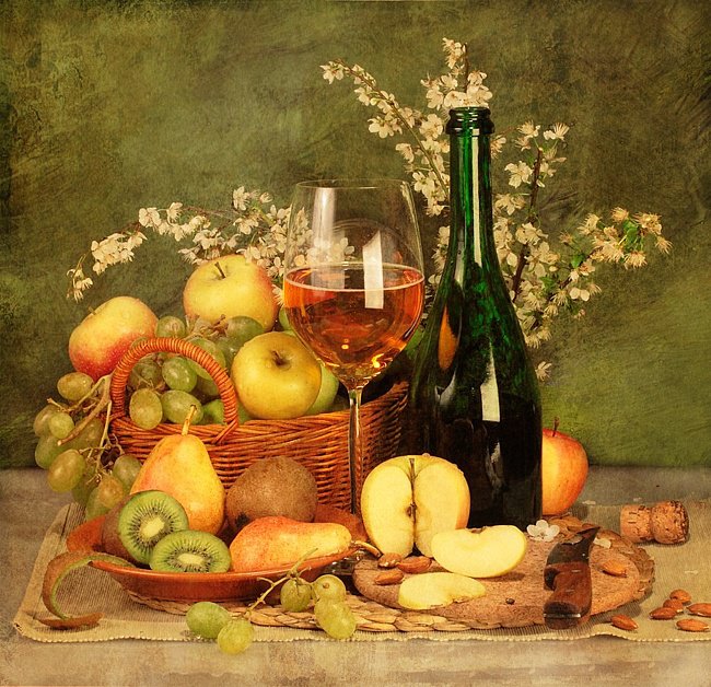 №400923 - живопись, фрукты, натюрморт, цветы, букет, вино - оригинал