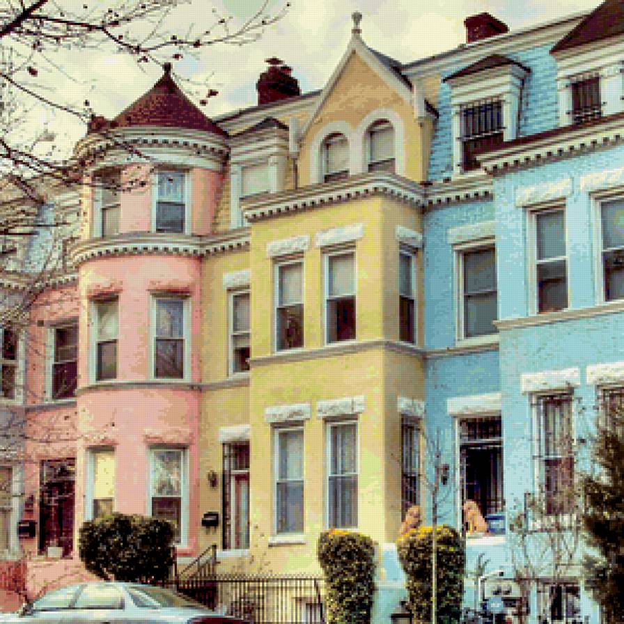 Дом - город, архитектура, дом, синий, желтый, цвета, красота, розовый - предпросмотр