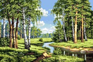 летний пейзаж - лето, лес, березы, речка - оригинал