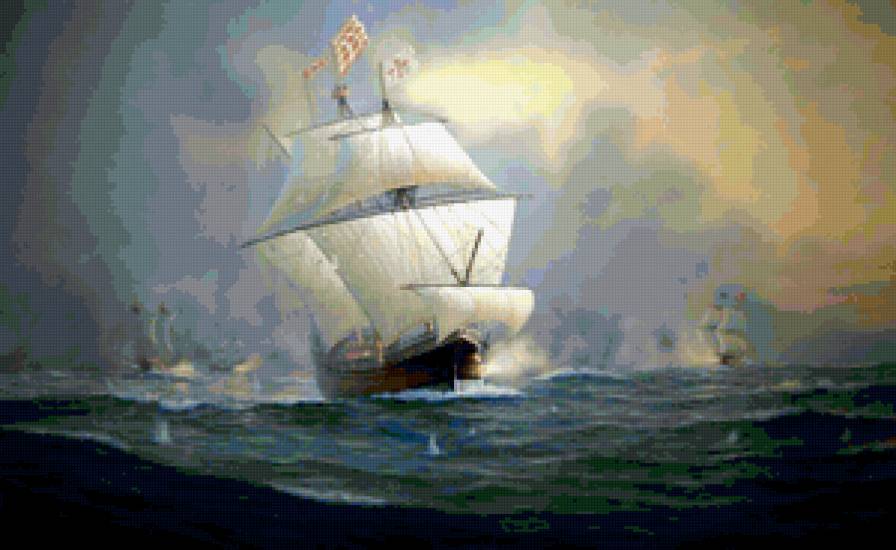 Морское сражение - бой, пейзаж, море, корабль, сражение - предпросмотр