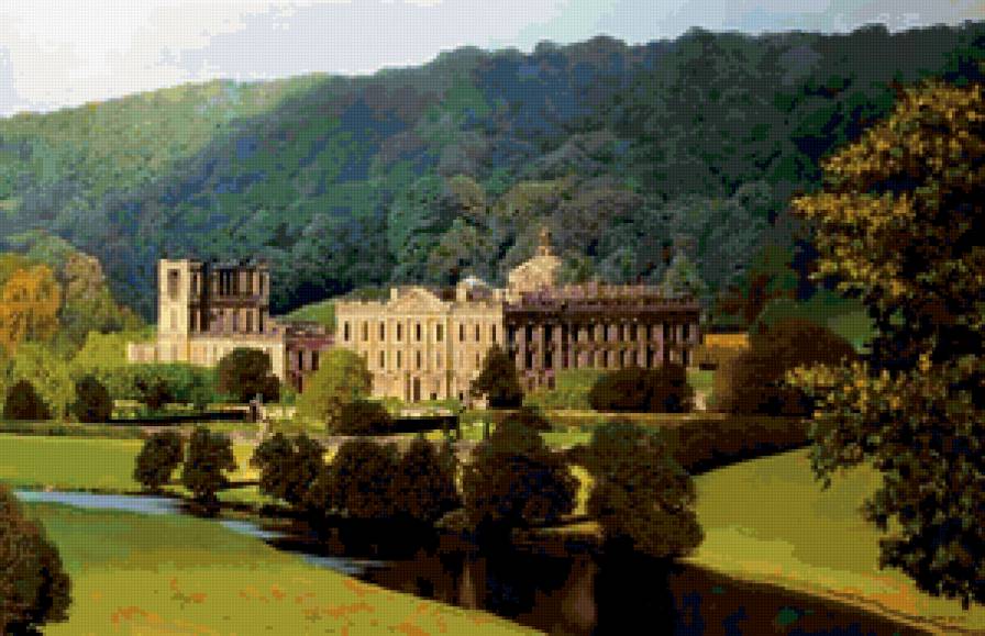 Пейзаж с дворцом - горы, замок, пейзаж, река, лес, дворец - предпросмотр