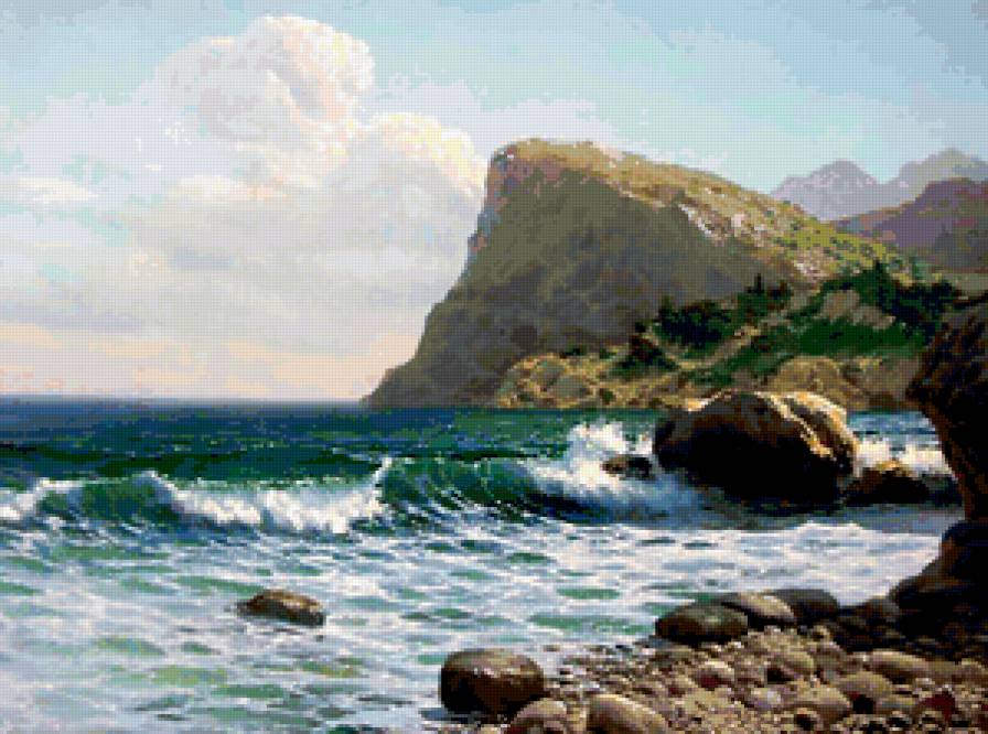 Морской берег - волна, море, берег, пейзаж, горы - предпросмотр