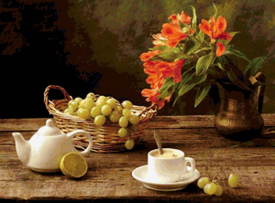 №401399 - цветы, виноград, живопись, букет, натюрморт - предпросмотр