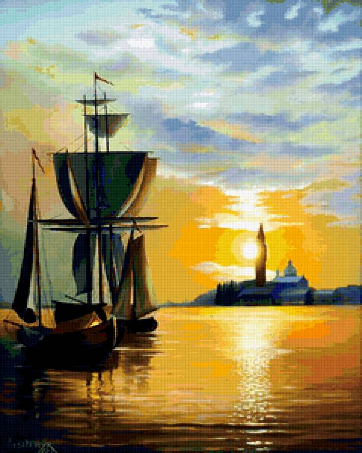 картина - закат, море, парусник, лето, пейзаж - предпросмотр