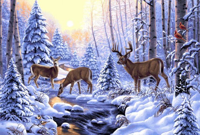 олени в зимнем лесу - лес, зима .ручей, олень - оригинал