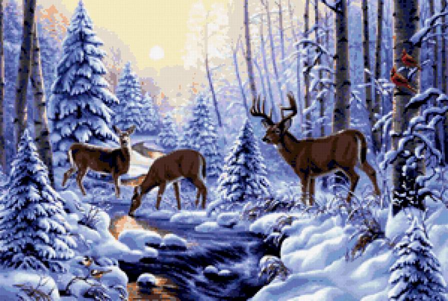 олени в зимнем лесу - лес, зима .ручей, олень - предпросмотр
