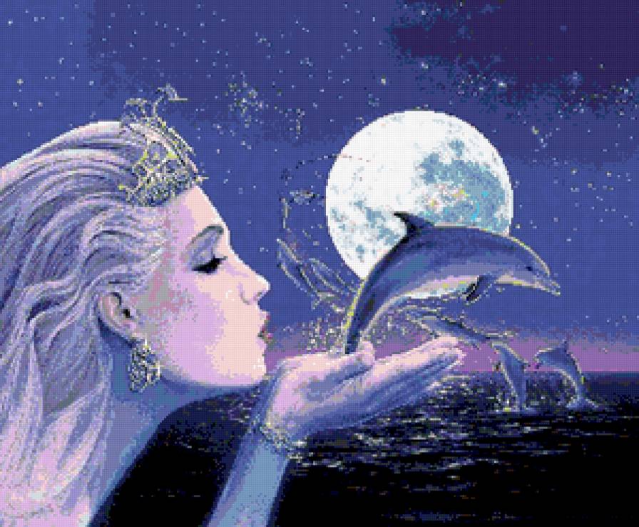 русалочка - дельфины, луна, русалка, море, ночь - предпросмотр
