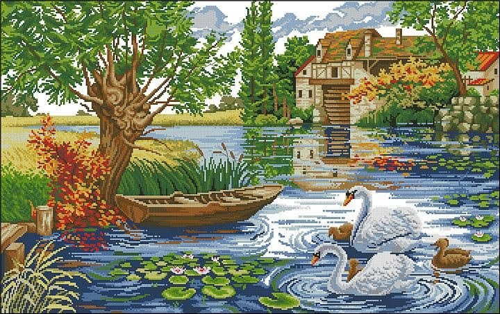 лебеди на озере - озеро, лебеди, дом, лодка - оригинал