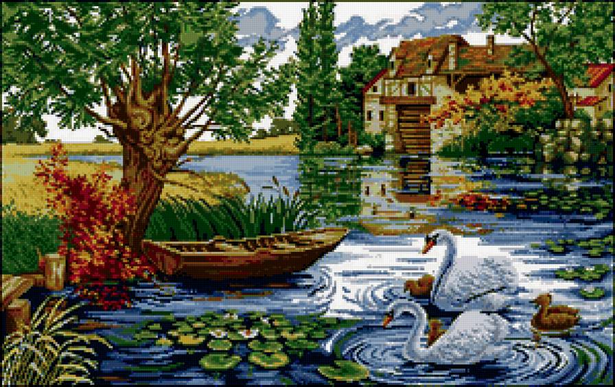 лебеди на озере - дом, лодка, озеро, лебеди - предпросмотр