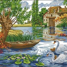 Оригинал схемы вышивки «лебеди на озере» (№401719)
