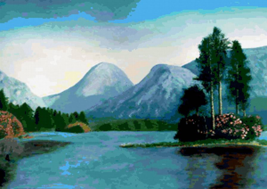 №401778 - природа, горы, живопись, озеро, деревья, пейзаж - предпросмотр