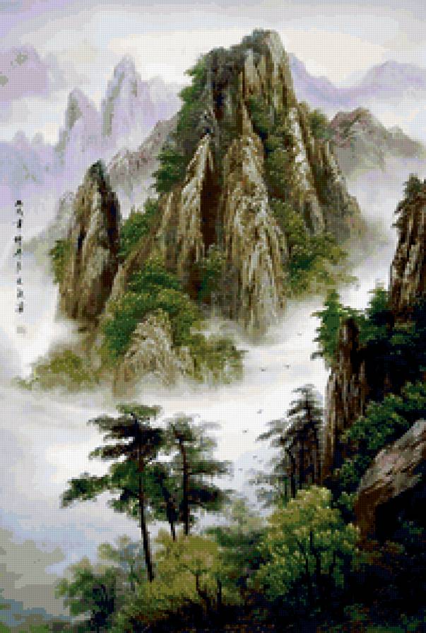 пейзаж - туман, деревья, пейзаж, скалы, китай - предпросмотр