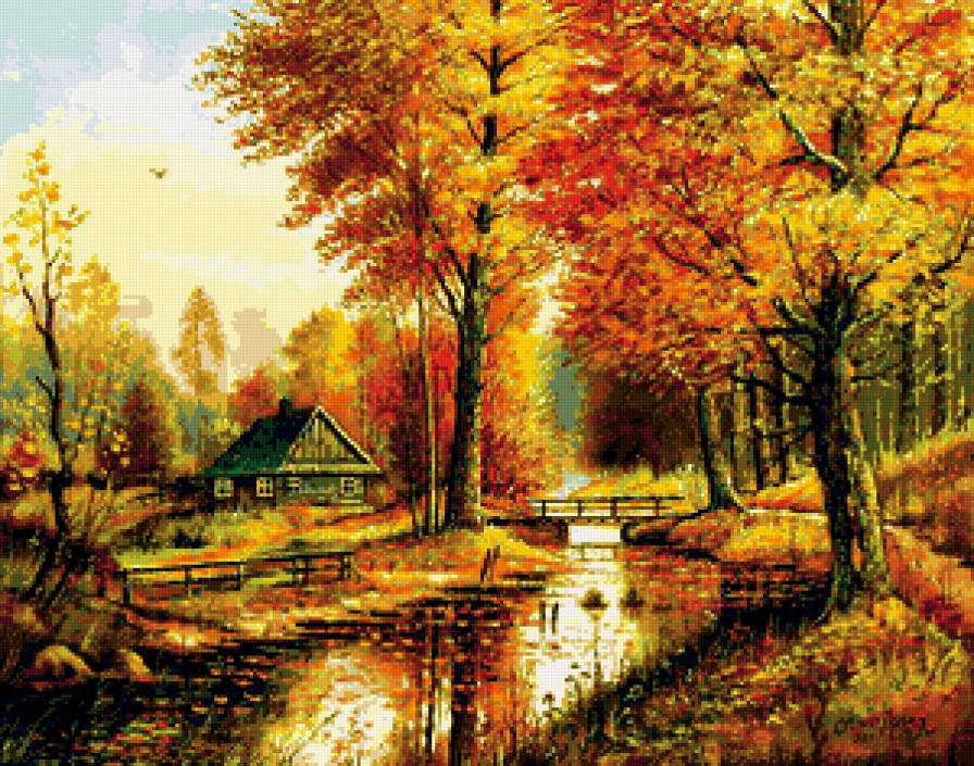 золотая осень - лес, река, осень, дом - предпросмотр