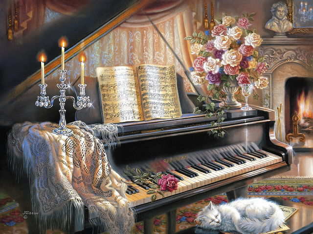 У камина - цветы, вечер, камин, свечи, кот, музыка, рояль - оригинал