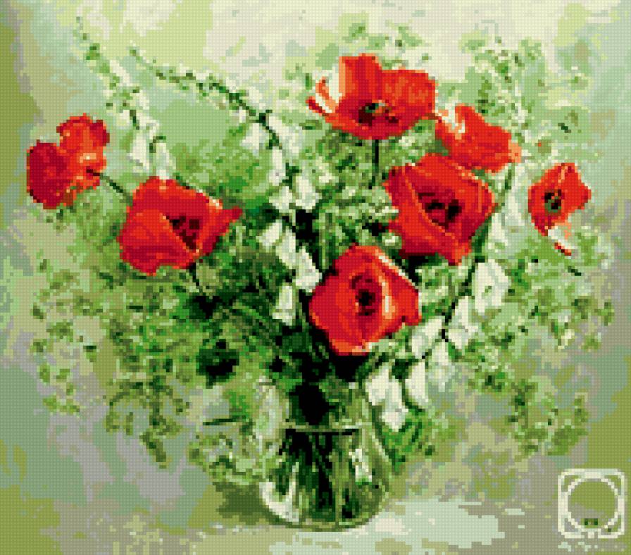 Маки и белые цветы в вазе - натюрморт, цветы, маки, лето - предпросмотр