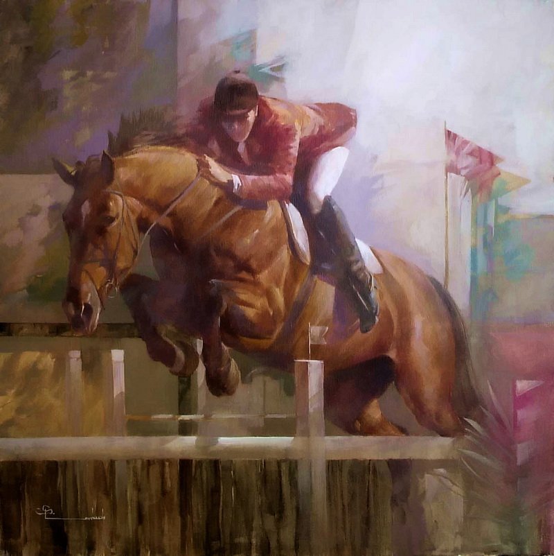 Автор Spartaco Lombardo - всадник, конь, живопись, скачки, пейзаж, лошадь - оригинал