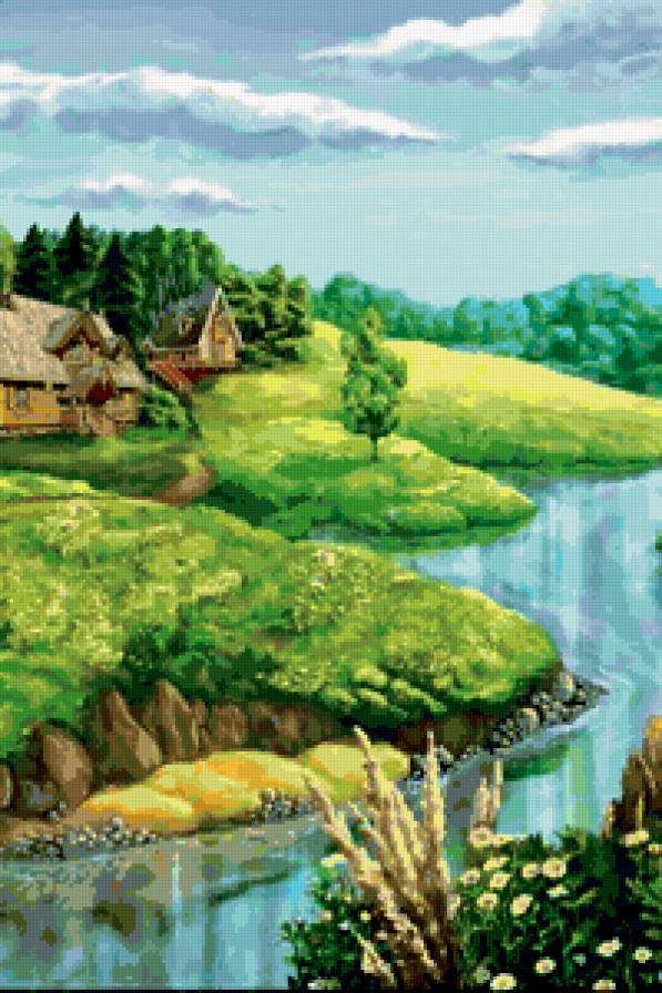 №403373 - берег, дома, пейзаж, живопись, деревья, природа, река, облака - предпросмотр